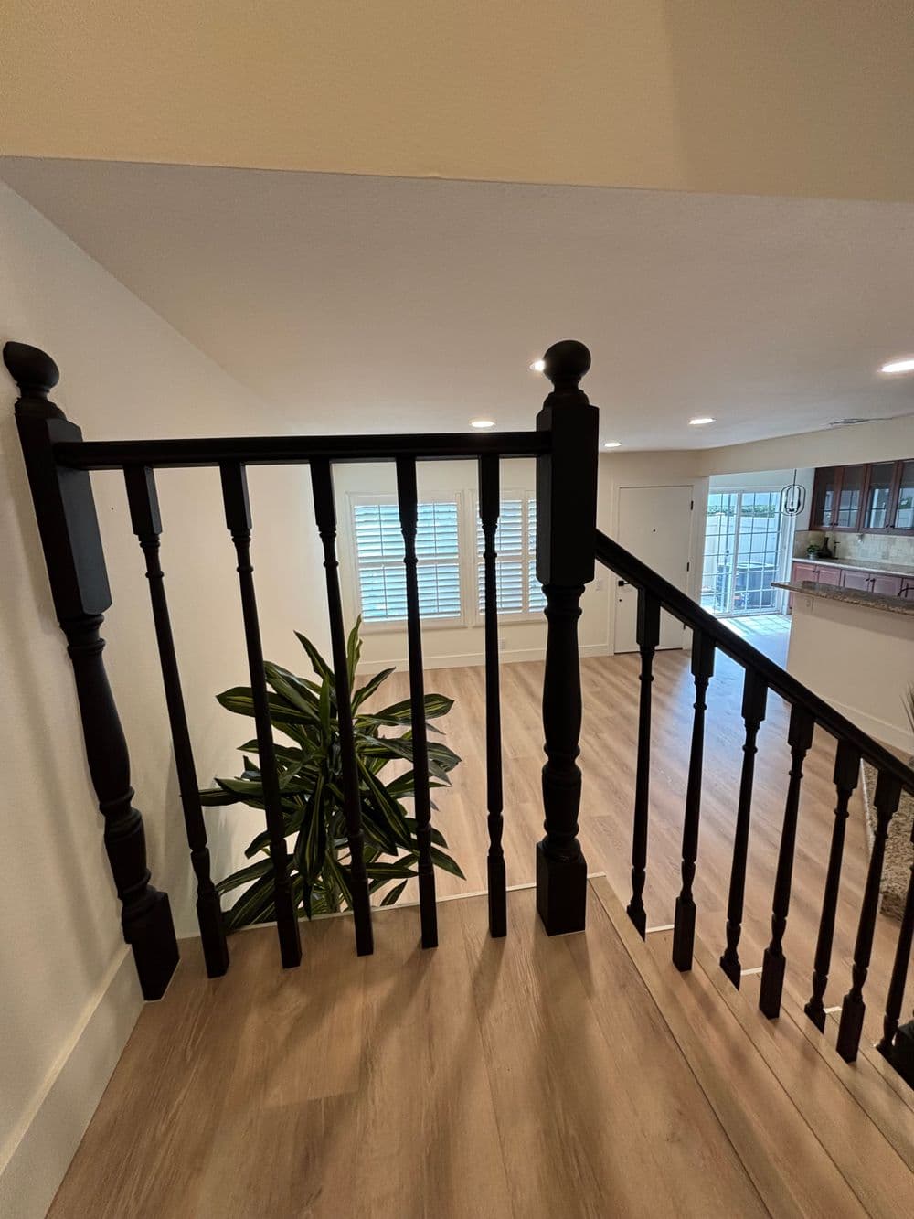 Elegant black wooden banister leading to a bright, spacious living area with plants.